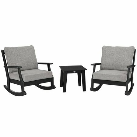 POLYWOOD Braxton Black / Grey Mist Deep Seating Patio Set with Rocking Chairs and Lakeside Table 633PWS2BL598
